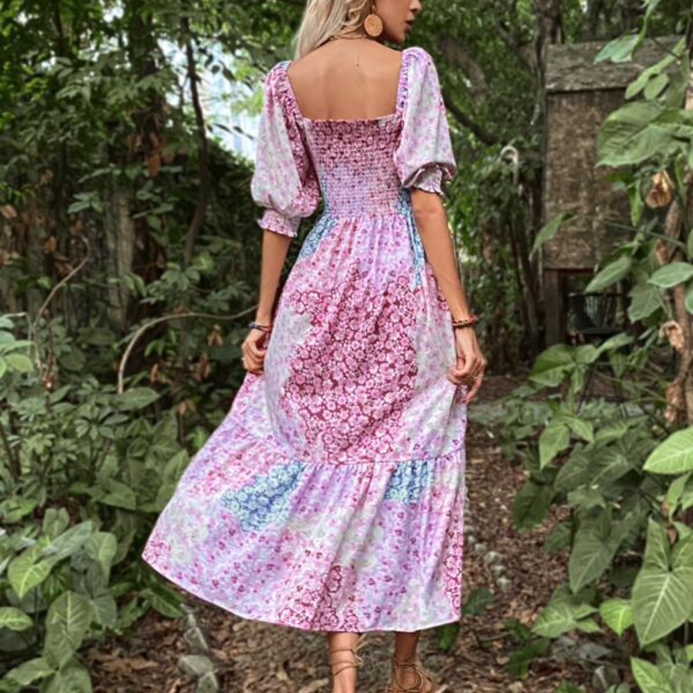 Boho Pink Floral Print Puff Sleeve Ruffle Dress Cottagecore - Picture 4 of 5